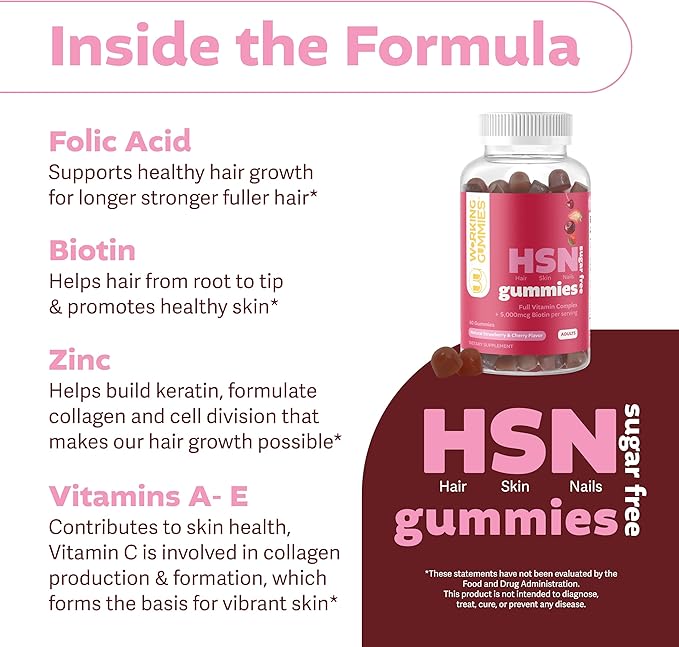 HSN Gummies - Hair Skin and Nails Gummies - Sugar Free Biotin Gummies 5000mcg with Full Vitamin Complex for Hair Growth, Healthy Skin, Nail Strength - 60 Ct Strawberry & Cherry Flavor