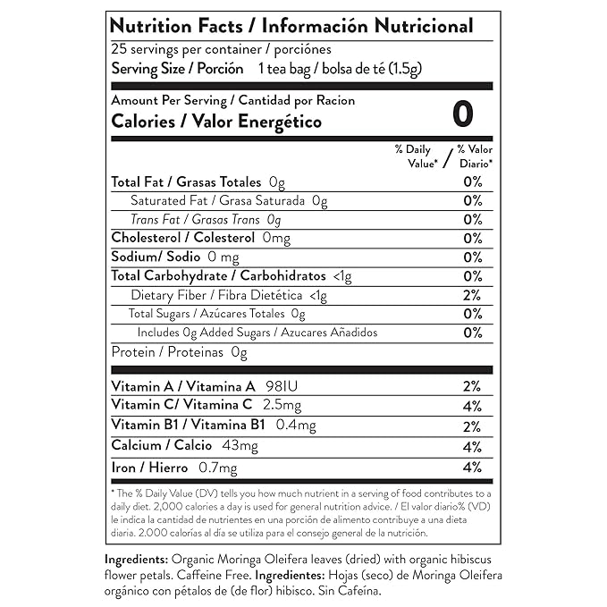Miracle Tree - Organic Moringa Superfood Tea, 25 Individually Sealed Tea Bags, Hibiscus (Keto, Detox, Energy & Immunity Booster, Vegan, Gluten-Free, Organic, Non-GMO, Caffeine-Free)