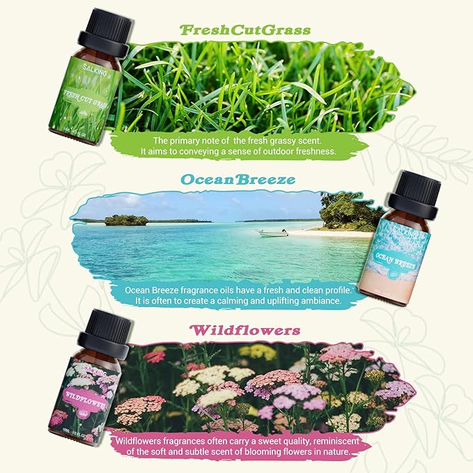 SALKING Nature Fragrance Oils, Premium Essential Oil for Diffuser, Scented Oil Gift Set for Soap Candle Making - Pine, Ocean Breeze, Rain, Fresh Cut Grass, Wildflowers, Mountain Air
