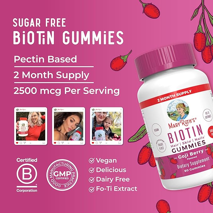 MaryRuth's Biotin Gummies | Sugar Free | Vegan | Non-GMO | 2,500 mcg Biotin Supplement | Hair Skin and Nails Vitamins | Hair Growth Vitamins | Hair Growth Supplement | 60 Count