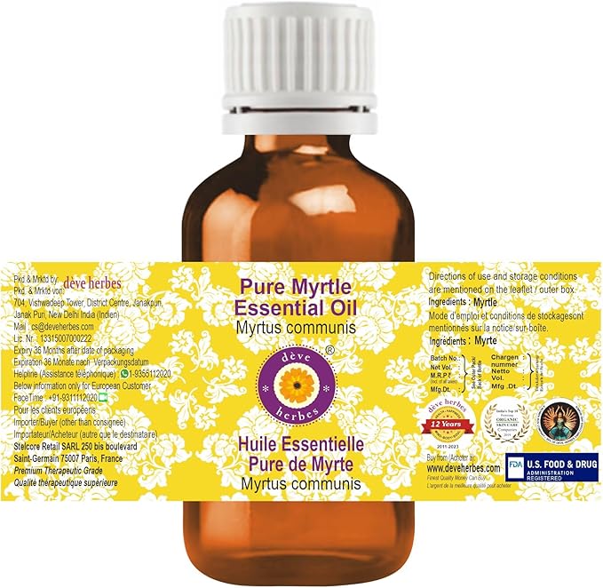 Deve Herbes Pure Myrtle Essential Oil (Myrtus communis) Steam Distilled 10ml (0.33 oz)