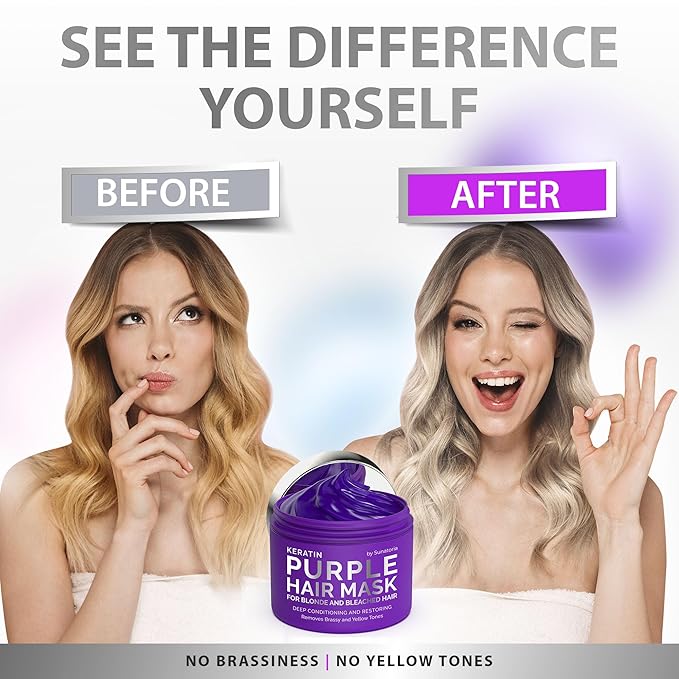 Sunatoria New Keratin Purple Hair Mask- Blonde Hair Purple Toner - Repair & Nourishment Treatment For Bleached, Brassy Hair - Blue Hair Mask, No Yellow Tones - Deep Conditioner For Color Treated Locks