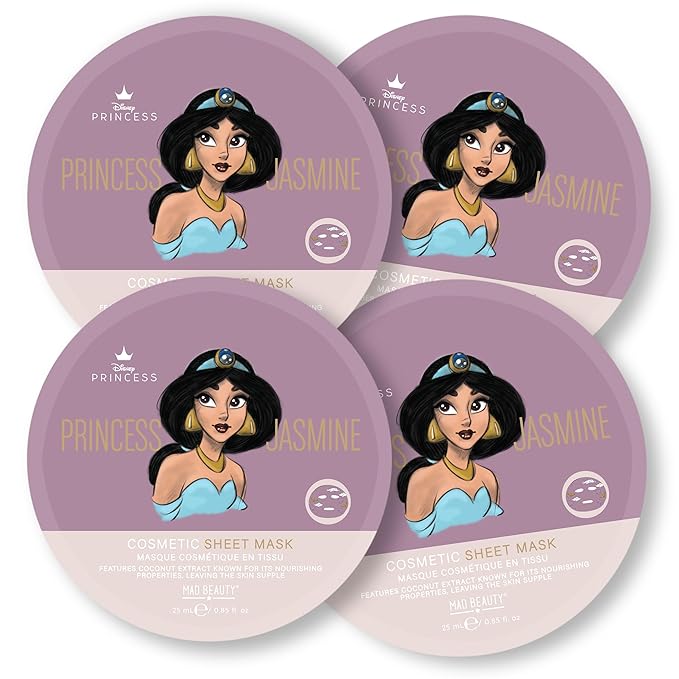 MAD Beauty Disney Pure Princess Cosmetic Sheet Face Mask Collection (4-Pack) | Jasmine’s Coconut Infusion | Skincare Gifts for Women and Adults | Cool and Hydrate Skin