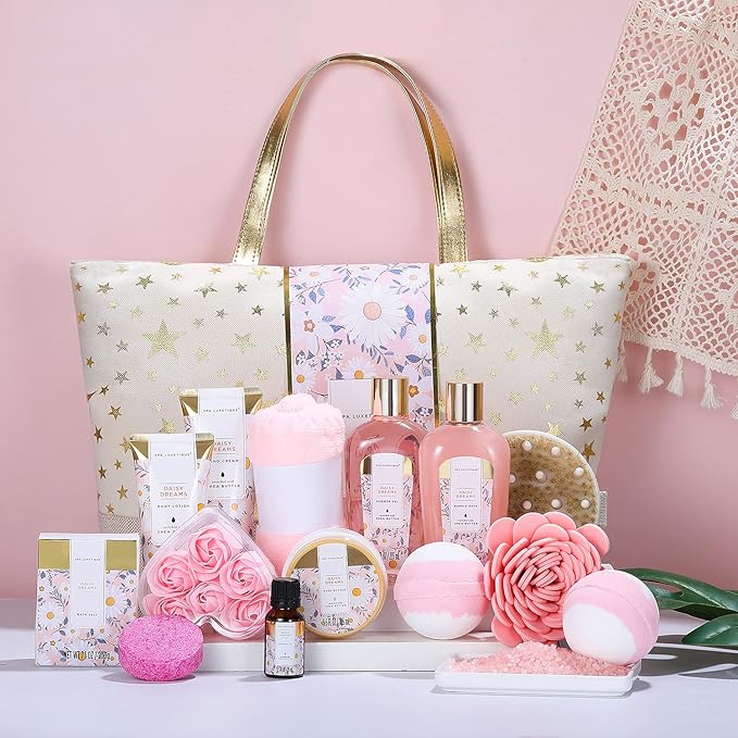 Spa Luxetique Gift Baskets for Women, Dasiy Dream Scented 15pcs Bath Gift Sets with Shower Gel, Hand Cream and Tote Bag, Mother's Day Gifts for Mom
