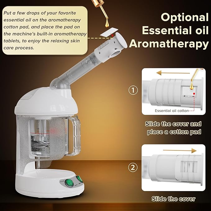 Easy to Clean Facial Steamer, Nano Ionic Face Steamer for Facial Deep Cleaning, Portable Face Humidifier with 360° Rotating Arm, 300ML Large Capacity, with Aromatherapy Diffuser, Warm Mist