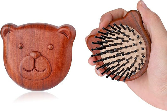 PERFEHAIR Wooden Scalp Massager Brush - Pack of 2, Cute Mini Bear Face-Shaped Paddle Hairbrush Comb for Men & Women's Massage, Hair Growth & Detangling