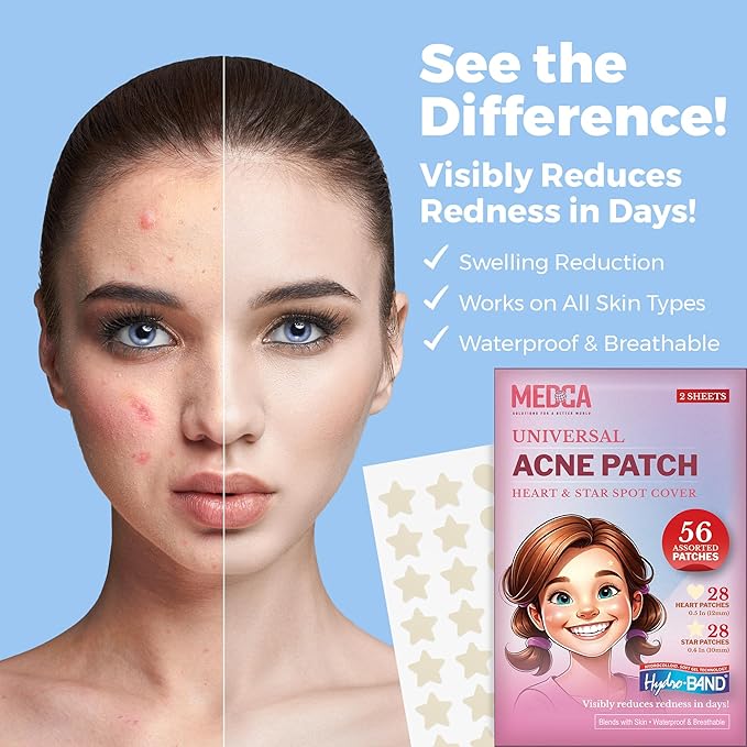 MEDca Acne Patches for Face - Hydrocolloid Bandages (56 Count) Pimple Patches for Face in Hearts & Stars, Acne Spot Treatment Care for Face & Skin Spot Patch Conceals Zits, Acne and Blackheads