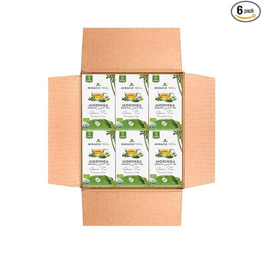 Miracle Tree - 6 Count of Organic Moringa Superfood Tea, 25 Individually Sealed Tea Bags, Green Tea (Keto, Detox, Energy/Immunity Booster, Vegan, Gluten-Free, Organic, Non-GMO, Decaffeinated)