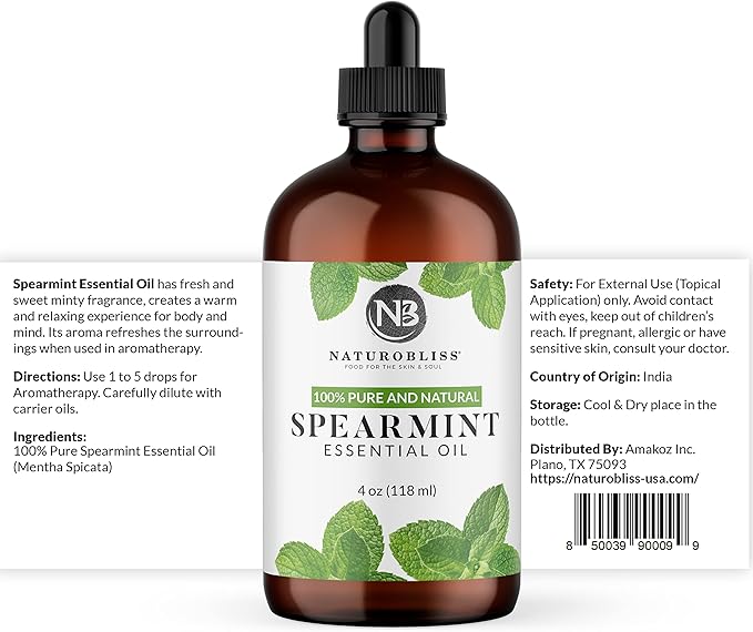 NaturoBliss Spearmint Essential Oil, 100% Pure and Natural Therapeutic Grade, Premium Quality Spearmint Oil, 4 fl. Oz - Perfect for Aromatherapy and Relaxation