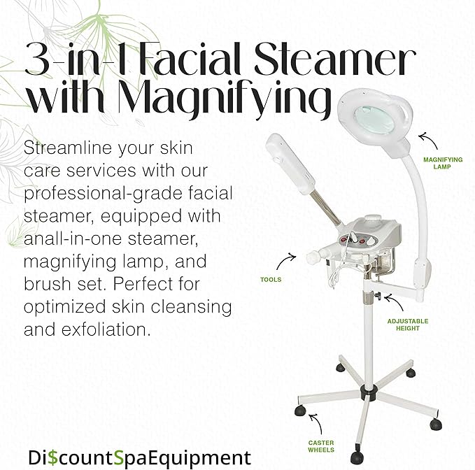 3-in-1 Ozone Facial Steamer, Facial Steamer for Esthetician with 5X Diopter Magnifying Lamp, 5-Piece Brush Set, Silent Timer & Aromatherapy, Facial Steamer Professional