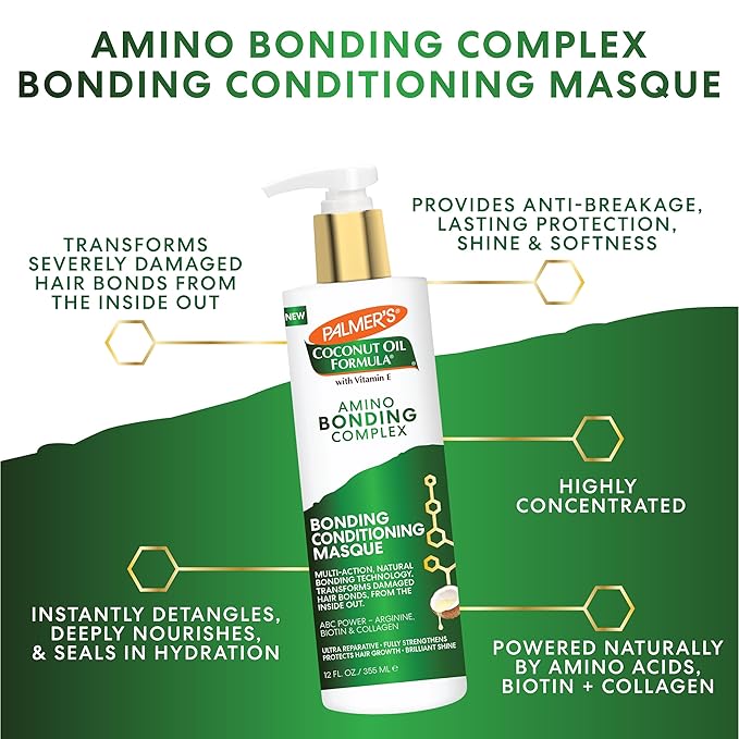 Palmer's Amino Bonding Complex Hair Mask, Intense Conditioning Masque Pack with Coconut Oil & Vitamin E, Heat Protectant, Anti Frizz, Adds Shine, Protects Hair Growth, All Hair Types, 12 fl. oz bottle