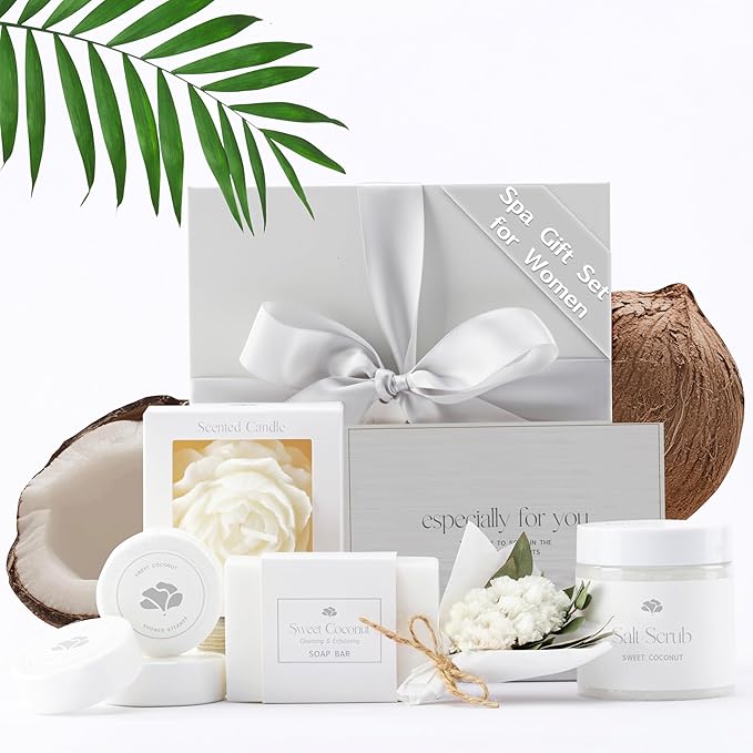 Sweet Coconut Spa Gift Baskets for Women – Luxury Birthday Bath Gifts for Mom, Wife, Sister, Friend - Self-Care and Relaxation Mother’s Day Gifts - Gift Baskets for Her for All Occasions