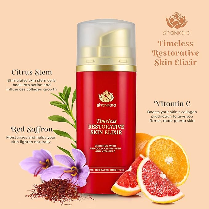 Shankara Timeless Restorative Skin Elixir - 2-in-1 Ayurvedic Anti Aging Facial Serum and Kumkumadi Face Oil with Pure Red Gold Saffron, Vitamin C, & Sandalwood - Ayurveda-Inspired Skincare