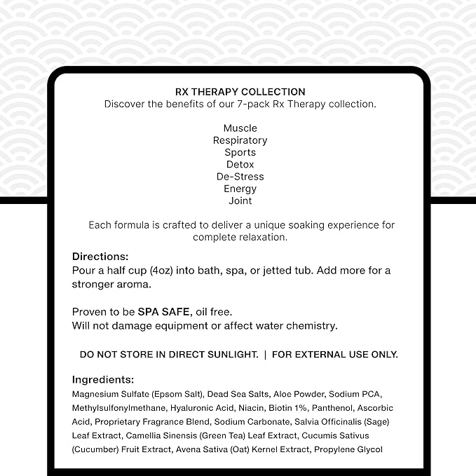 Relax Spa & Bath, Epsom & Dead Sea Salts, Aromatherapy Bath Salts for Hot Tub, Bath, or Spa, Infused with Magnesium, 32 oz Each, 7 Pack RX Therapy