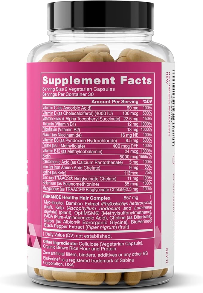 Vibrance Hair Growth Vitamins for Women – Grow Hair Faster, Healthier, and Stronger with Potent MultiBlend of Biotin & OptiMSM – Supports Thicker, Shinier Hair & Regrowth – 60 Vegetarian Soft Capsules