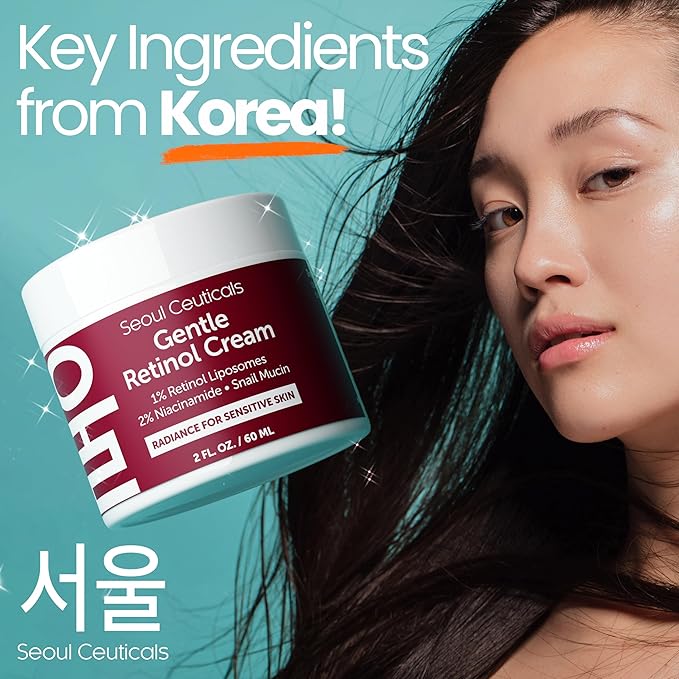 SeoulCeuticals 1% Korean Retinol Night Cream - 97.5% Snail Mucin + 2% Niacinamide Moisturizer for Face - Gentle K Beauty for Sensitive Skin 2oz