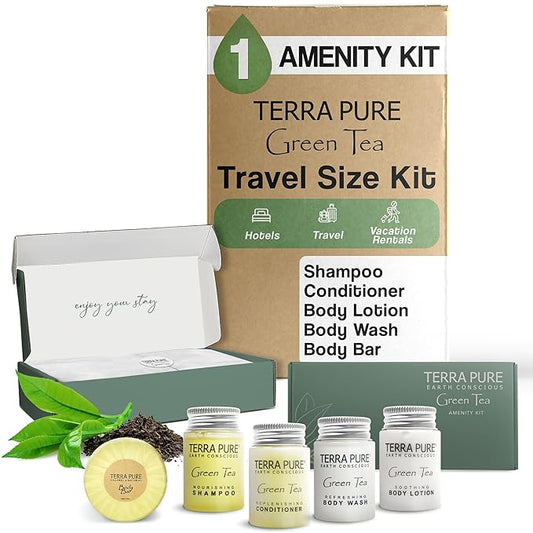 Terra Pure Green Tea Amenity Kit | Boxed Hotel Bulk Toiletries | 1 oz Shampoo, Conditioner, Lotion, Body Wash, Body Bar Soap for Guest Hospitality Vacation Rentals | 1 Set/Case