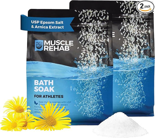 Arnica Infused USP Epsom Salts for Soaking for Pain- (2) 29oz Bags Muscle Recovery Magnesium Bath Soak with Essential Oils, and Turmeric - Ease Tired Muscle & Joint Soother, Foot Baths