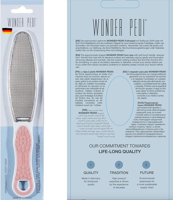 Made in Germany Double-Sided Metal and Emery Foot File - Heel Scraper & Cracked Feet Repair Instant Exfoliating Peel Foot Spray - Dead Skin Remover Cracked Heels Softener. Wonder Pedi