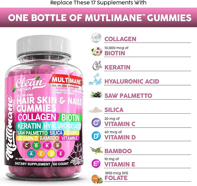 Multimane Collagen Gummies with Biotin Keratin Hyaluronic Acid Bamboo Vitamin A C Vitamin D Vitamin E Folate Saw Palmetto Silica B3 Vitamins Hair Skin and Nails Gummies by Clean Nutra