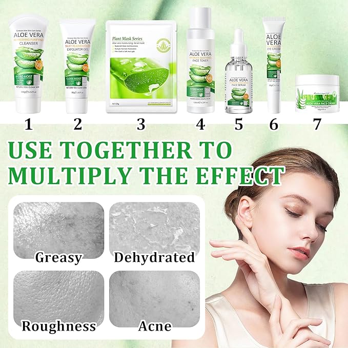9 Pcs Aloe Vera Skin Care Set with Facial Cleanser,Toner,Face Serum,Face Cream,Eye Cream,Aloe Vera Gel,Hydrating Face Sheet Masks Skin Care Kit for Women and Men