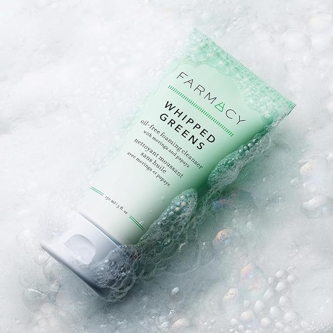 Farmacy Foaming Face Wash for Oily Skin - Whipped Greens Oil-Free Gentle Facial Cleanser + Exfoliator - Infused with Green Clay to Remove Impurities, Control Oil + Maintain Skin Hydration (150ml)