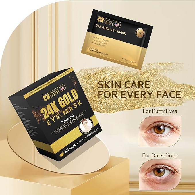Under Eye Patches (30 Pairs), 24K Gold Under Eye Mask for Puffy Eyes, Dark Circles,Bags and Wrinkles with Collagen,Relieves Pressure and Reduces Wrinkles,Revitalises and Refreshes Your Skin