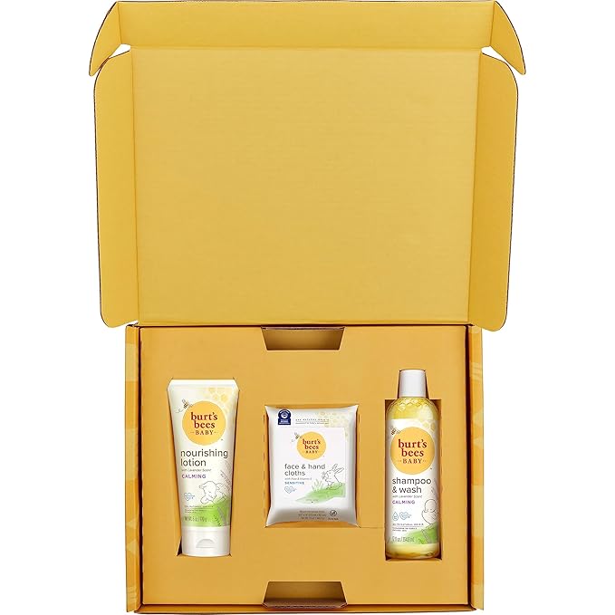 Burt's Bees Baby Gift Set for Baby Showers, Includes Baby Essentials, Shampoo and Wash with Lavender, Body Lotion, Wipes and Cloths, Naturally-Derived Origin Skincare, 3 Count