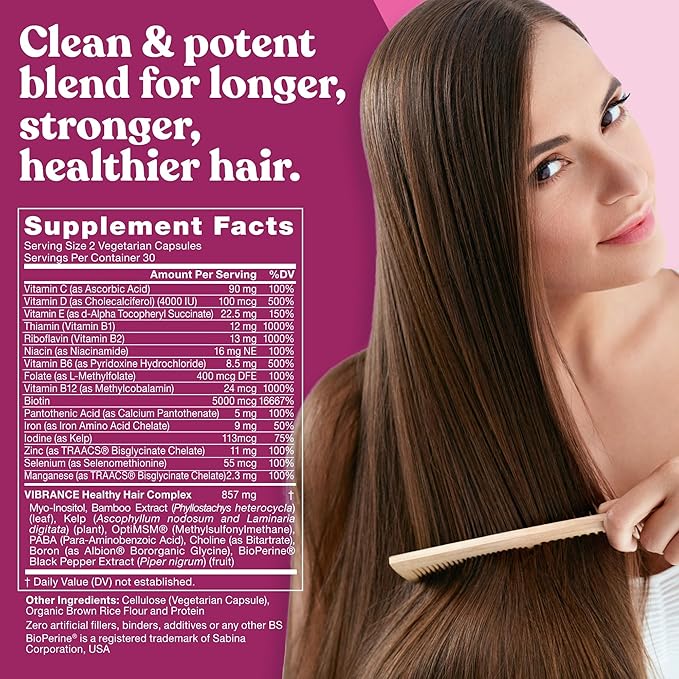 Vibrance Hair Growth Vitamins for Women – Grow Hair Faster, Healthier, and Stronger with Potent MultiBlend of Biotin & OptiMSM – Supports Thicker, Shinier Hair & Regrowth – 60 Vegetarian Soft Capsules