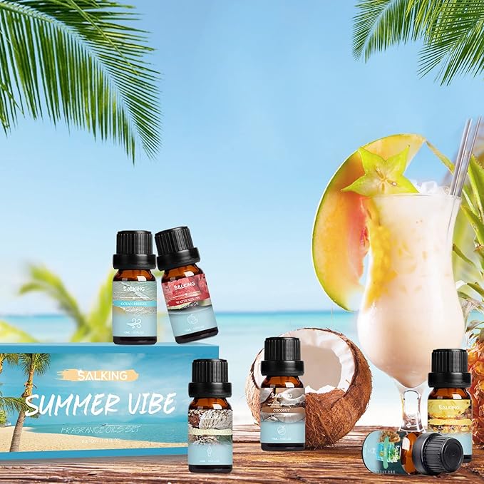 SALKING Summer Fragrance Oils Set, Premium Essential Oils Gift Set for Diffuser, Scented Oil for Soap & Candle Making - Ocean Breeze, Mojito, Coconut, Pineapple, Watermelon, Vanilla Ice Cream