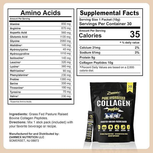 Premium Collagen Peptides Powder, 30 Sticks Travel Packets(Type I, III), Unflavored Collagen Protein Powder to Go, Hydrolyzed Collagen Peptides for Skin Hair Nail Joint, 10g per Serving, Paleo & Keto