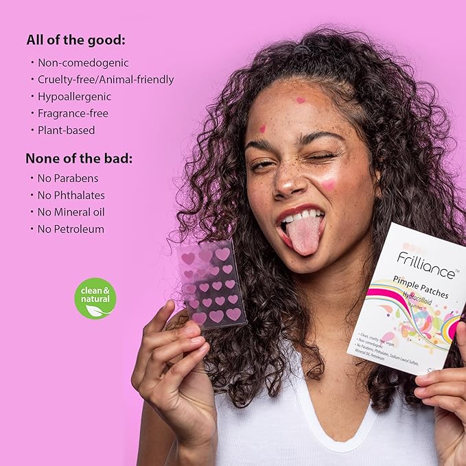Frilliance Pink Heart Shaped Hydrocolloid Acne Pimple Patches for Zits and Blemishes (18 Count, 2 Sizes) Spot Treatment Stickers for Face & Skin, Vegan and Cruelty Free