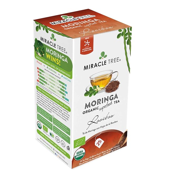 Miracle Tree - Organic Moringa Superfood Tea, 25 Individually Sealed Tea Bags, Rooibos (Keto, Detox, Energy & Immunity Booster, Vegan, Gluten-Free, Organic, Non-GMO, Caffeine-Free)