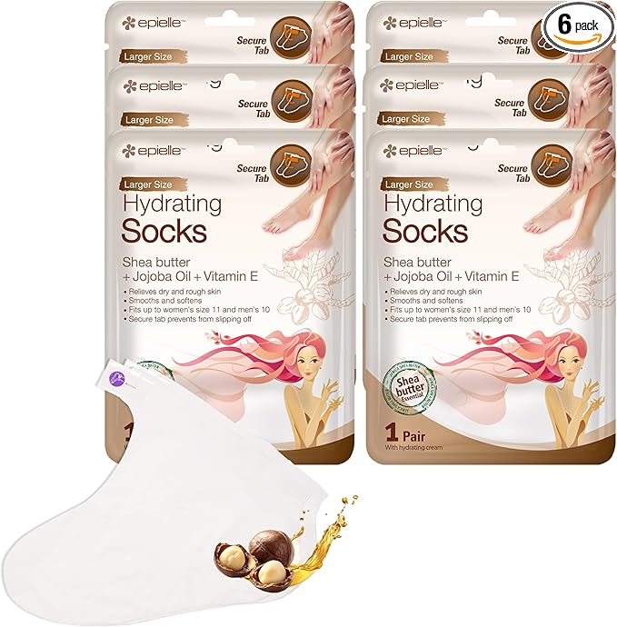Epielle Hydrating Foot Masks, 6 Pairs Moisturizing Socks for Dry, Cracked Feet, Restores and Softens Skin with Jojoba Oil and Shea Butter, Korean Skincare, Mother's Day Gifts, Teacher's Appreciation