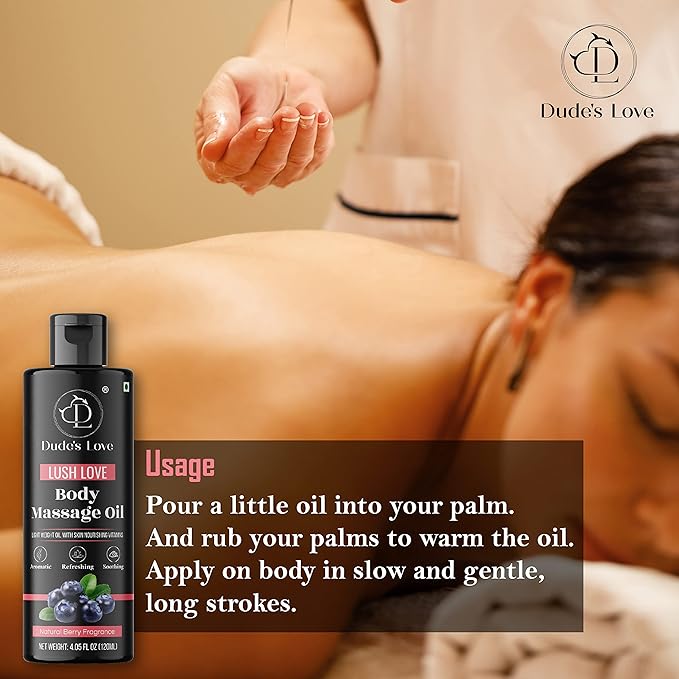 Organic - Berry Full Body Massage Oil - Revitalising, Detoxifying | No Stain & Non-Sticky | with Fractionated Coconut Oil, Lime & Juniper Berry Oil - 4.05 Fl Oz