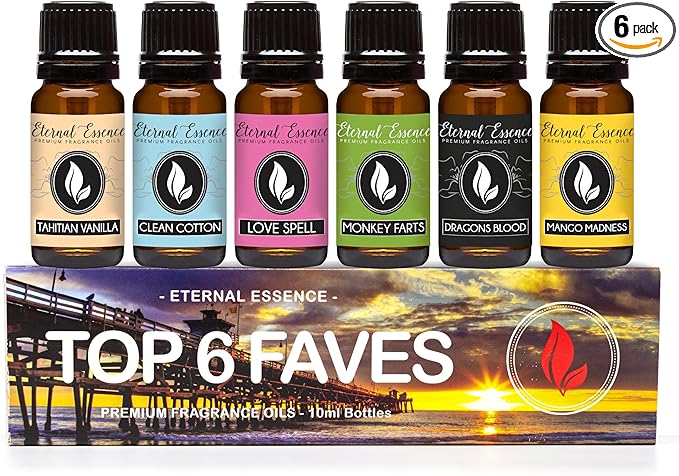Top 6 Faves - Gift Set of 6 Premium Fragrance Oils - Love Spell, Tahitian Vanilla, Clean Cotton, Mango, Dragon's Blood and Monkey Farts - 10ML
