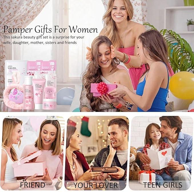 Skincare Set Sakura Skincare Gifts For Teen Girls, 11 Pack Skin Care Coreano Kit - Hair Tie, Mask, Makeup Remover, Cleanser, Cream, Brush, Mud Mask, Sleep Mask, Teen Face Care Kit Girls Beauty Set