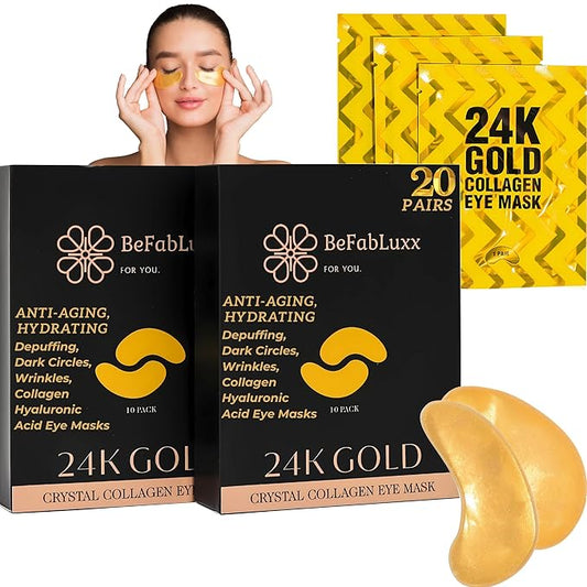 24K Gold Under Eye Patches (20 Pairs) Anti-Aging, Hydrating, Depuffing, Dark Circles, Wrinkles, Collagen & Hyaluronic Acid Eye Masks,Eye Gels Pads, Undereye Bags, Gift, Natural Cruelty-Free