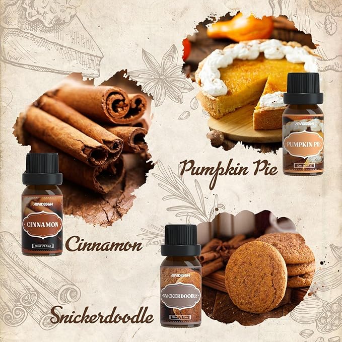Spice Essential Oils Set, ARVIDSSON Premium Fall Fragrance Oil for Diffuser, Cinnamon, Pumpkin Pie, Harvest Spice, Apple Cider, Gingerbread, Snickerdoodle, Autumn Scented Oils