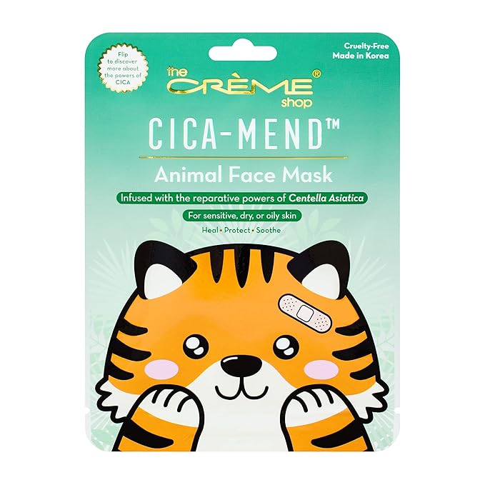 The Crème Shop Animal Sheet Mask, Korean, Hydrating, Collagen, Vitamin C, Anti-Aging - Pack of 3 (Tiger)