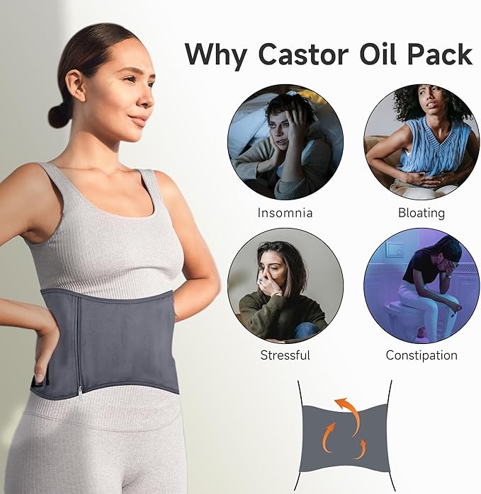 Langsprit Organic Cotton Castor Oil Pack Wrap - Reusable Castor Oil Pads Pack Compress for Liver & Stomach Detox - Body Kit Charcoal Grey