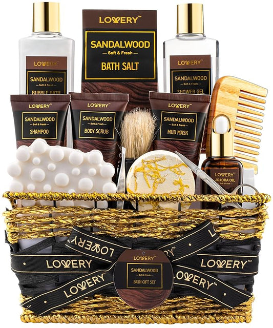 Mens Gift Set, 14Pc Sandalwood Bath Gift Set, Personal Self Care Kit, Gifts from Son, Relaxing Man Gift Basket for Dad, Boyfriend, Husband, Birthday Basket, Grooming & Skin Care for Men