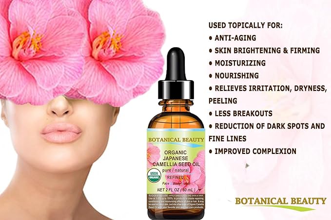 Botanical Beauty Japanese ORGANIC CAMELLIA Seed Oil. 100% Pure Natural Undiluted Refined Cold Pressed Carrier Oil to revitalize and rejuvenate the hair, skin and nails. 1 Fl. oz 30 ml