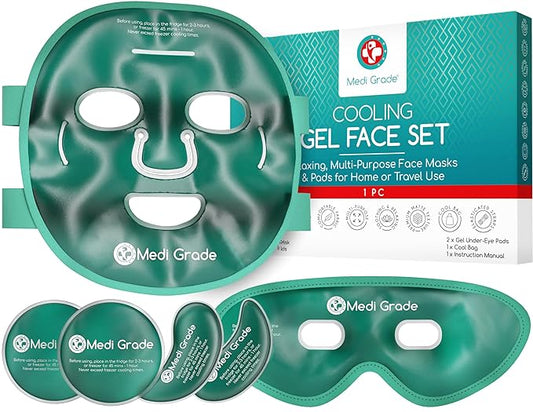Medi Grade Cooling Ice Face Mask and Cooling Eye Mask for Puffy Eyes & Migraine Relief - Self Care Face Ice Pack with ChillGel Face Ice Mask Technology - Cooling Face Mask, Eye Pads and Bag
