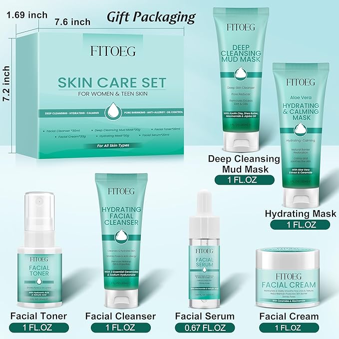 Teen Women Gifts,Skin Care,Skincare,Hydrate,Oil Control,Pore Shrinking,Anti-Allergy Facial Skin Care Routine Kit Travel Size Gift Set Stocking Stuffers for Teen Girls 10-12 16-18 & Women for All Skin