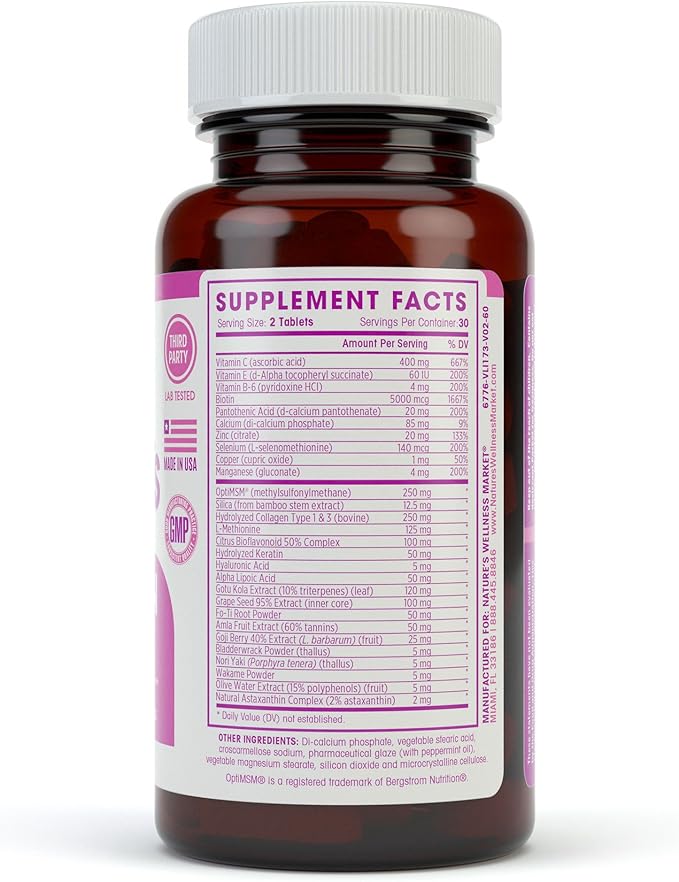 Natures Wellness Hair, Skin & Nails Essential Nourishing Supplement, 60-Count | 4000mcg Biotin + Vitamins A, C and E, B Complex Vitamins, and Advanced Nutrients per Capsule | 100% All-Natural