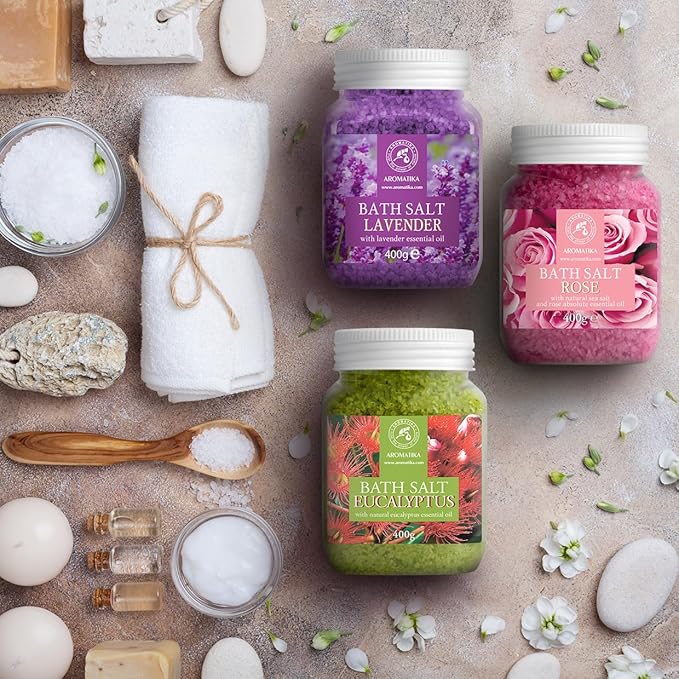 Bath Salts Set 42 Oz - Lavender - Rose - Eucalyptus - 100% Bath Salts - Lavanda Rosa Eucalitpus Salt - Best for Good Sleep - Stress Relief - Bathing - Body Care - Beauty - Relaxation - Spa