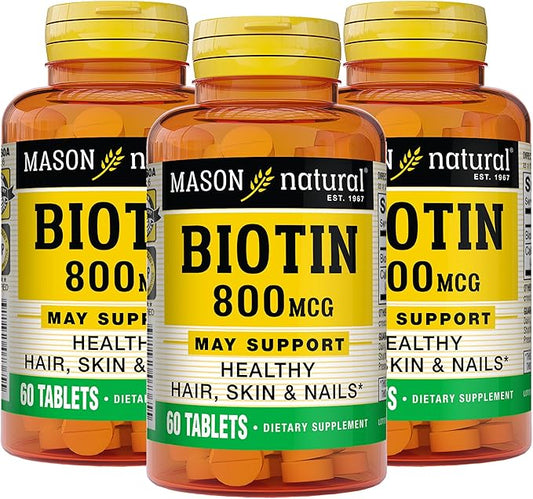 MASON NATURAL 800 Mcg Tablets, Dietary Supplement, Support and Strengthens Healthy Hair and Nails Biotin, 60 Count, Pack of 3