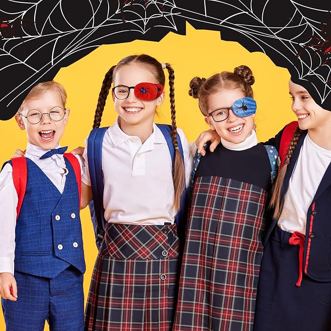 Newcotte 12 Pcs Eye Patch for Kids Toddler Reusable Adjustable Girls Boys Eyepatch for Glasses Left or Right Eye Patch, Assorted Patterns(Spider)