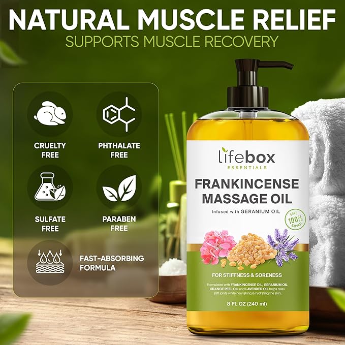 Frankincense Massage Oil – 100% Pure & Natural - Massage Therapy Oil for Soreness & Stiffness – Stretch Marks and Scars Body Oil Infused with Frankincense Essential Oil and Geranium Oil – 8 FL OZ